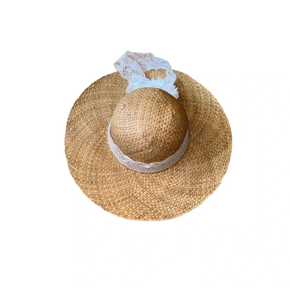 Anna-Kaci Sun Hat Womens One Size Beige Wide Brim Floppy Lace Ribbon woven straw
